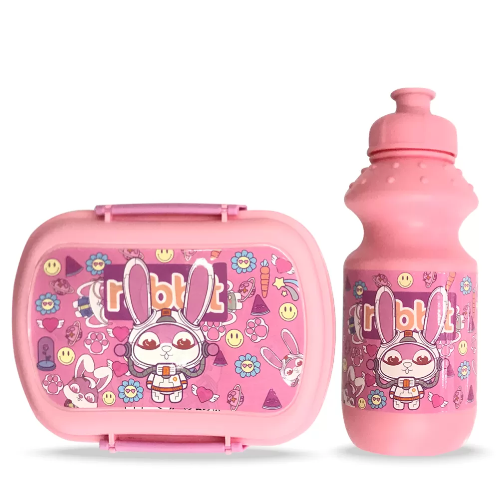 Eazy Kids - Set of 2 - Lunch Box &amp; Water Bottle - Rabbit Pink