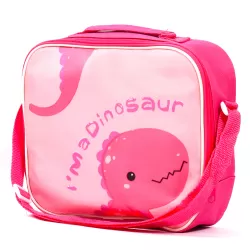 Eazy Kids Lunch Box and Water Bottle With Bag - Dino Pink