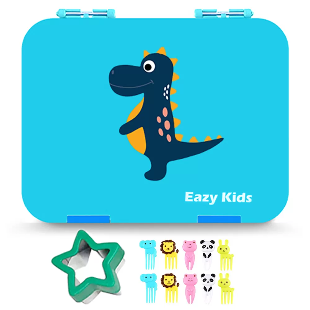 Eazy Kids 4 Compartment Bento Lunch Box w/ sandwich cutter- Dino Blue