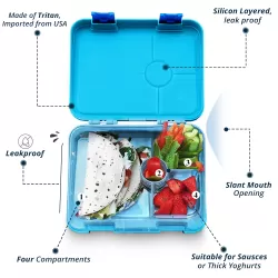 Eazy Kids 4 Compartment Bento Lunch Box w/ sandwich cutter- Dino Blue