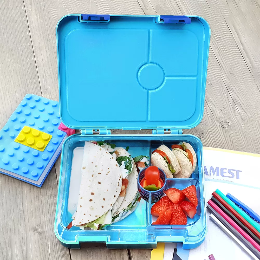 Eazy Kids 4 Compartment Bento Lunch Box w/ sandwich cutter- Dino Blue