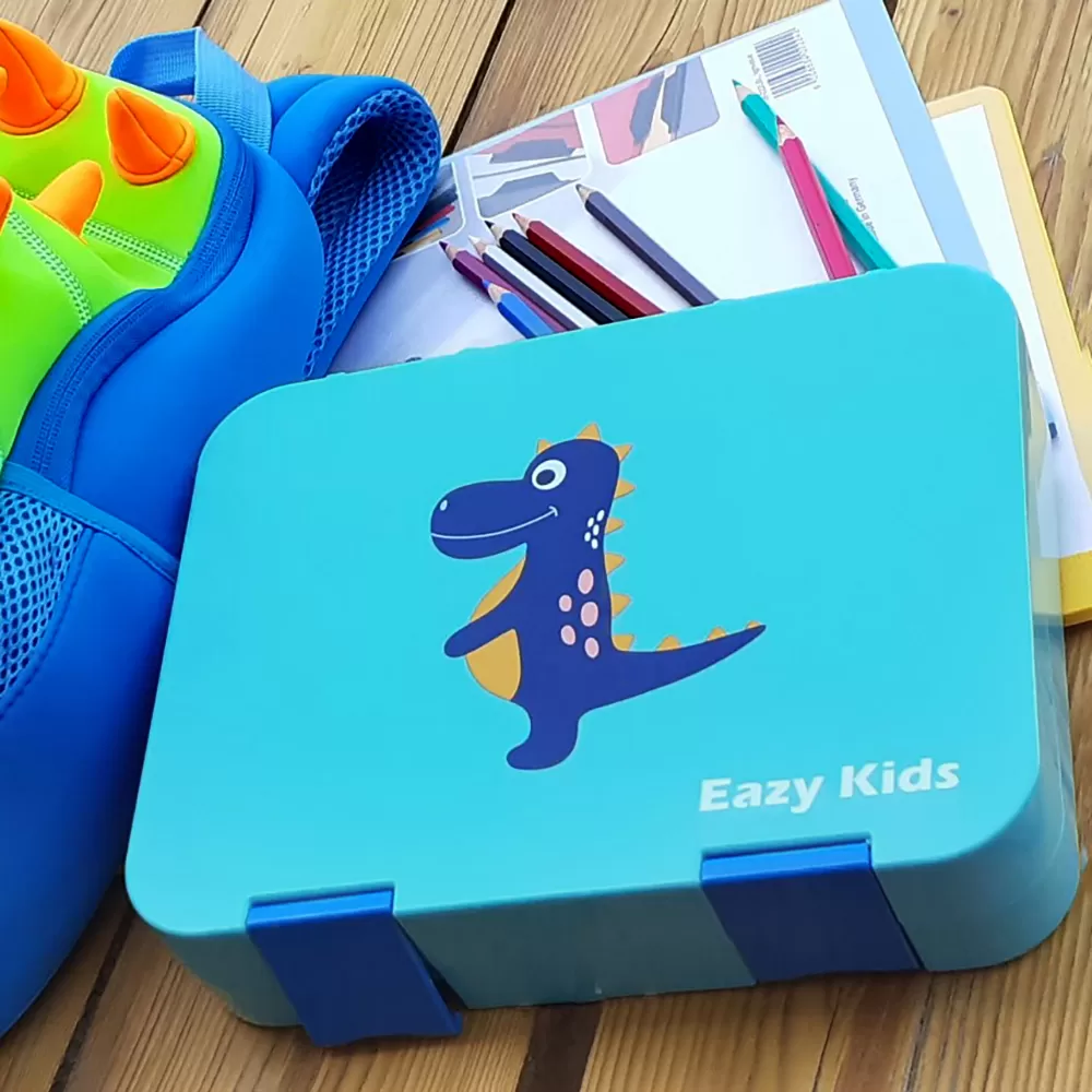 Eazy Kids 4 Compartment Bento Lunch Box w/ sandwich cutter- Dino Blue