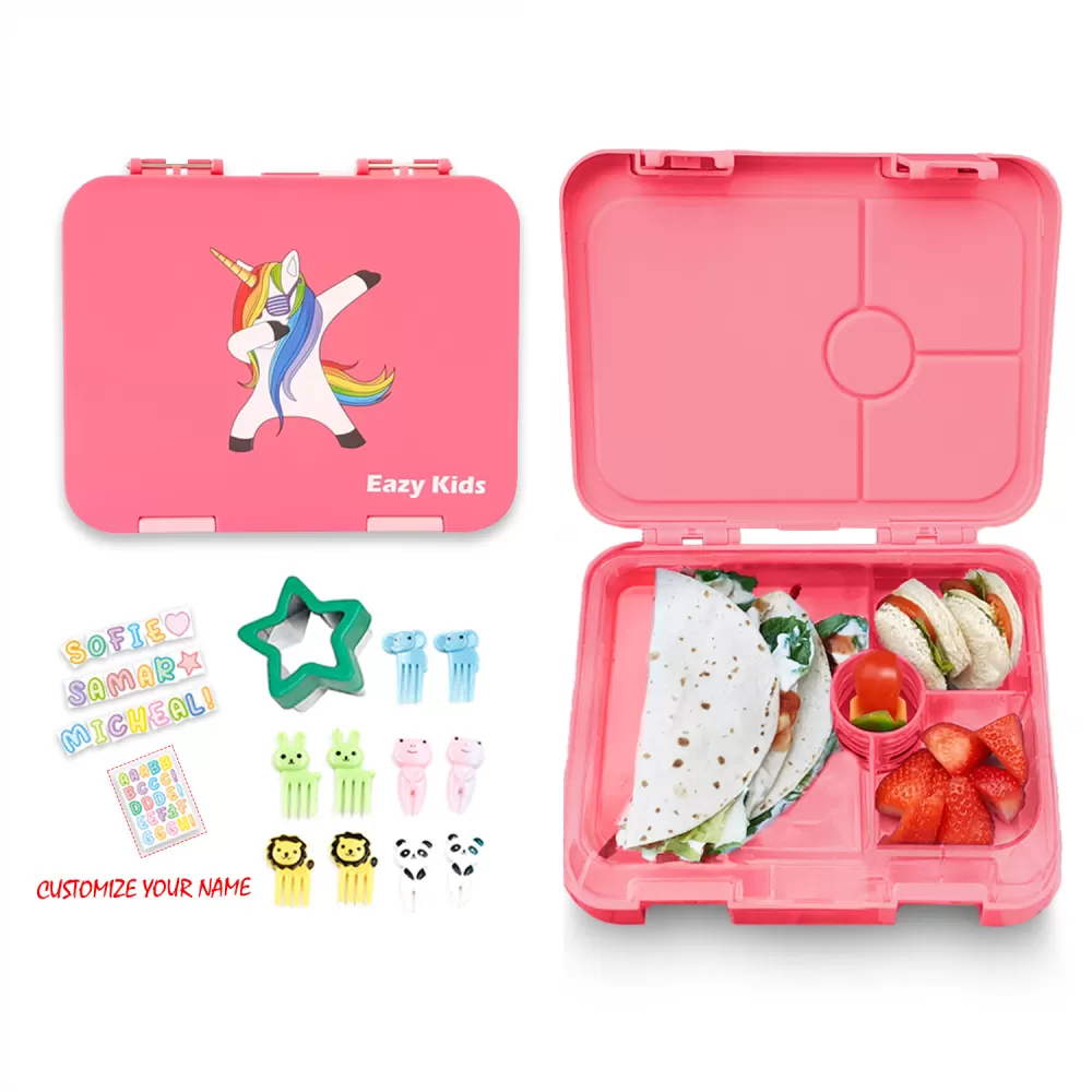 Eazy Kids 4 Compartment Bento Lunch Box w/ sandwich cutter- Unicorn Pink