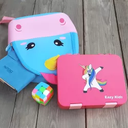 Eazy Kids 4 Compartment Bento Lunch Box w/ sandwich cutter- Unicorn Pink