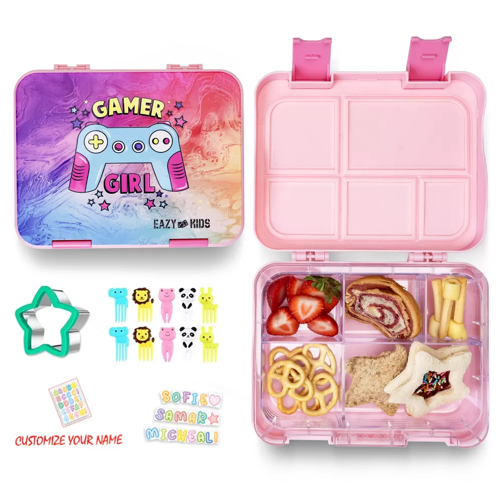 Eazy Kids 5 &amp; 4 Convertible Bento Lunch Box wt Sandwich Cutter Set-Gamer Girl