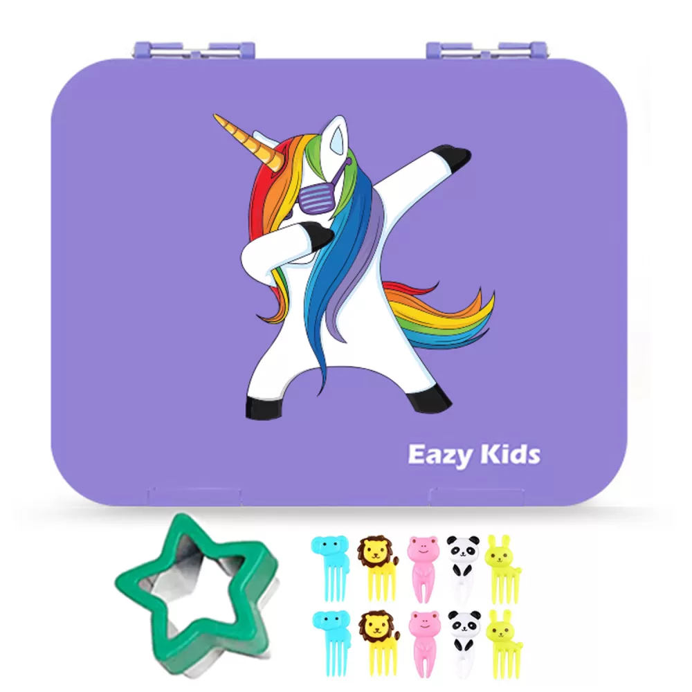 Eazy Kids 6 Compartment Bento Lunch Box w/ sandwich cutter- Unicorn Purple