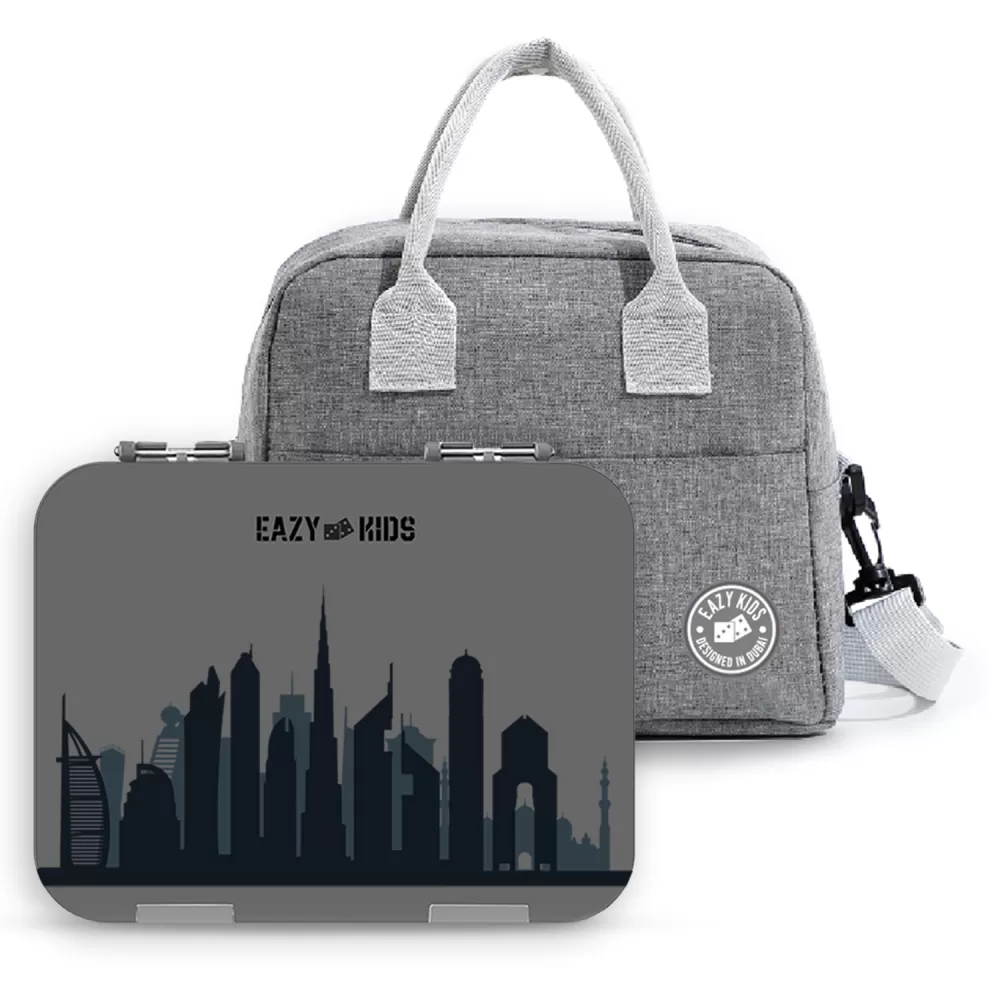 Eazy Kids Bento Boxes with Insulated Lunch Bag Combo - Love Dubai Grey