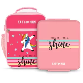 Eazy Kids Bento Boxes with Insulated Lunch Bag combo - Shine Unicorn Pink