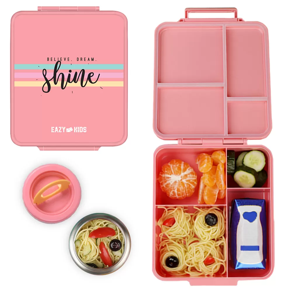 Eazy Kids Bento Boxes with Insulated Lunch Bag combo - Shine Unicorn Pink