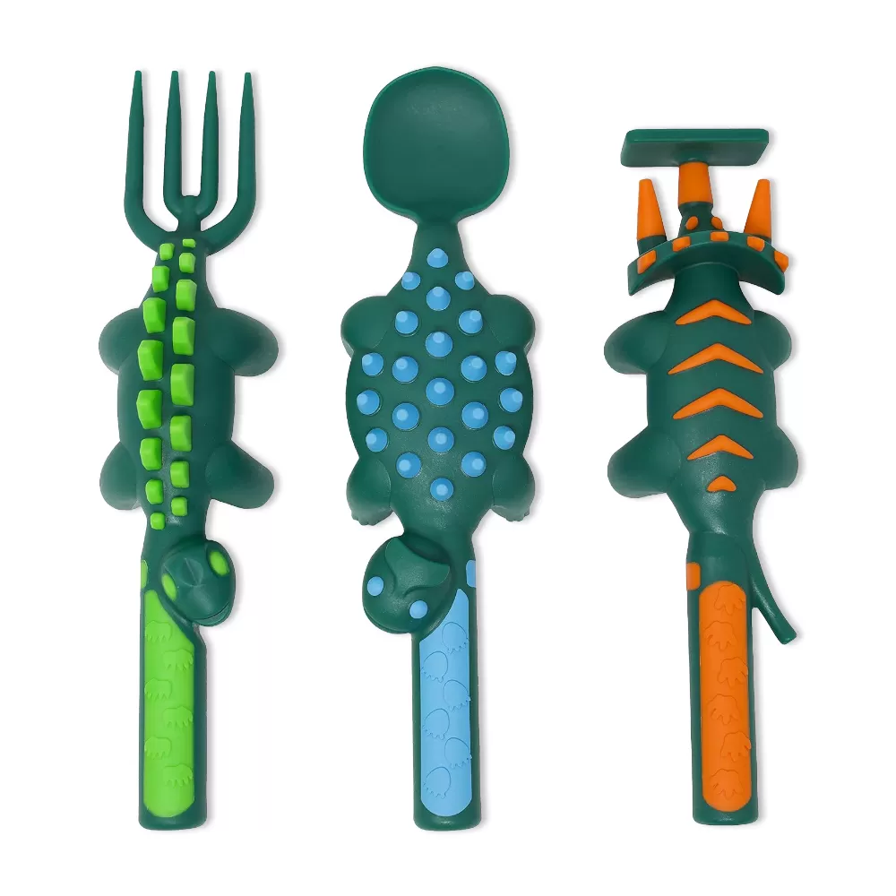 Eazy Kids Spoon, Fork &amp; Pusher - Dark Green, Dinosaur, 3Pcs