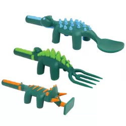 Eazy Kids Spoon, Fork & Pusher - Dark Green, Dinosaur, 3Pcs