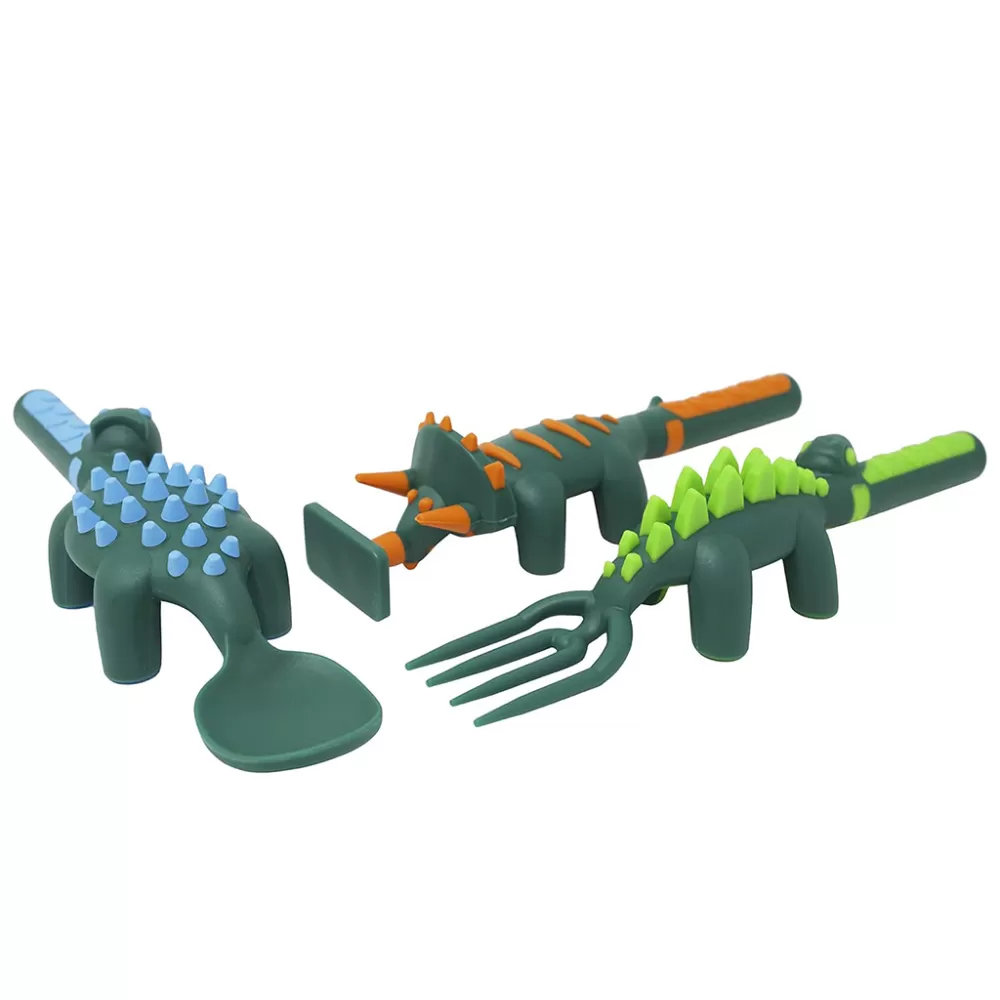 Eazy Kids Spoon, Fork &amp; Pusher - Dark Green, Dinosaur, 3Pcs