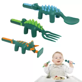 Eazy Kids Spoon, Fork & Pusher - Dark Green, Dinosaur, 3Pcs