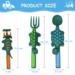 Eazy Kids Spoon, Fork & Pusher - Dark Green, Dinosaur, 3Pcs