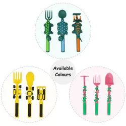 Eazy Kids Spoon, Fork & Pusher - Dark Green, Dinosaur, 3Pcs