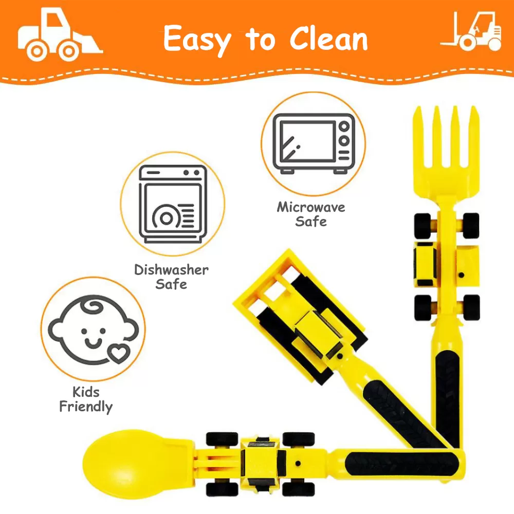 Eazy Kids Spoon, Fork &amp; Pusher - Yellow, Truck, 3Pcs