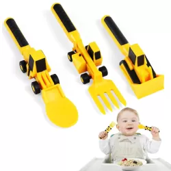 Eazy Kids Spoon, Fork & Pusher - Yellow, Truck, 3Pcs