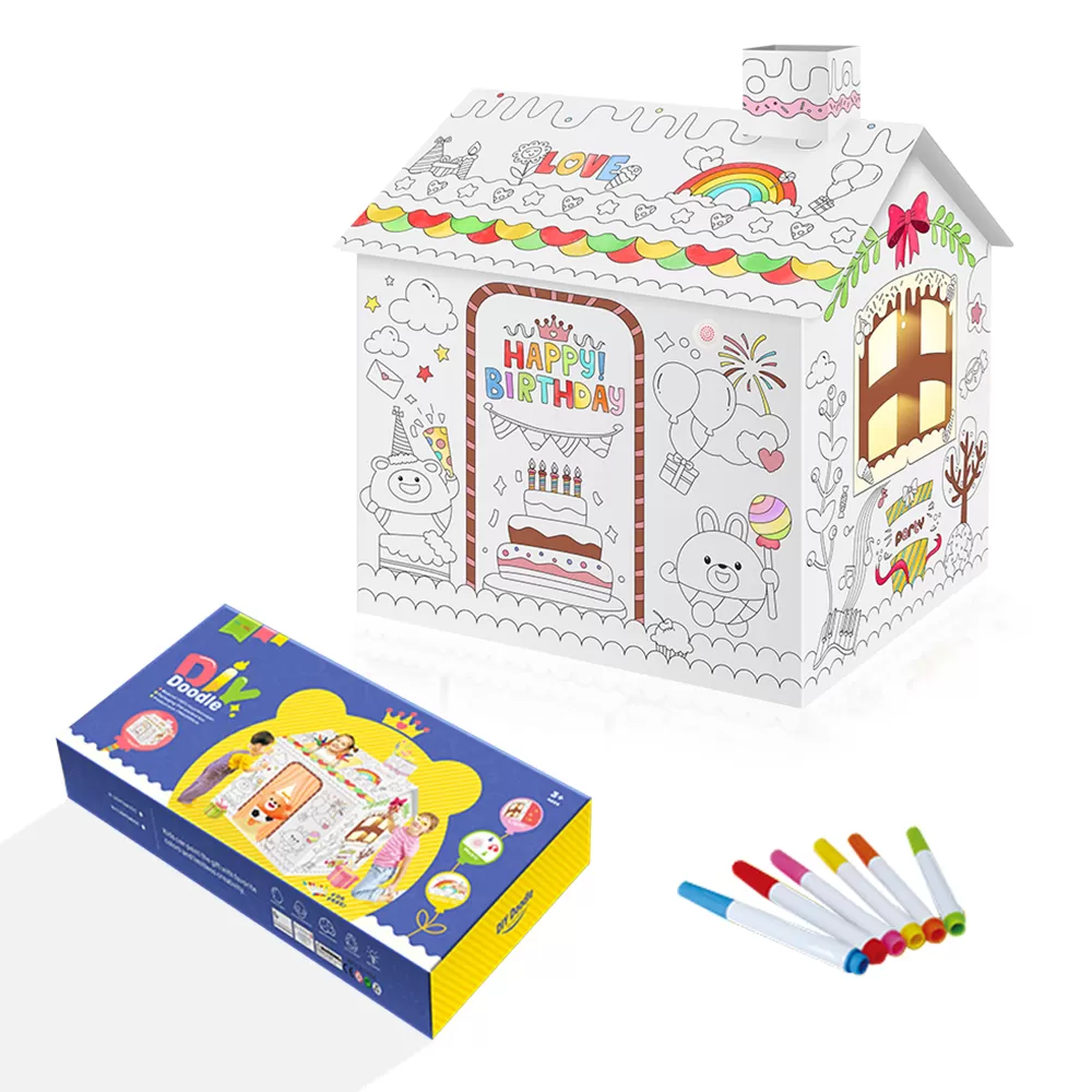 Eazy Kids - DIY Doodle Coloring Kit w/ Set of 6 Sketch Pens - Happy Birthday House