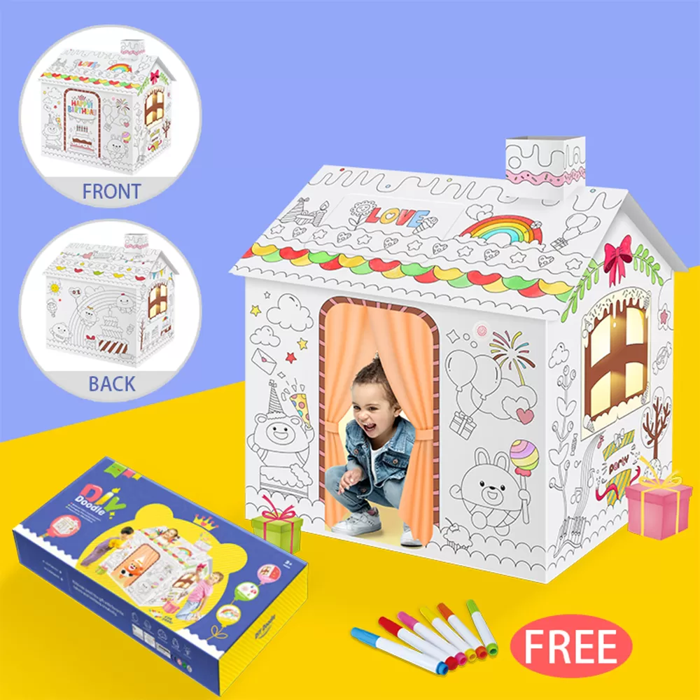 Eazy Kids - DIY Doodle Coloring Kit w/ Set of 6 Sketch Pens - Happy Birthday House