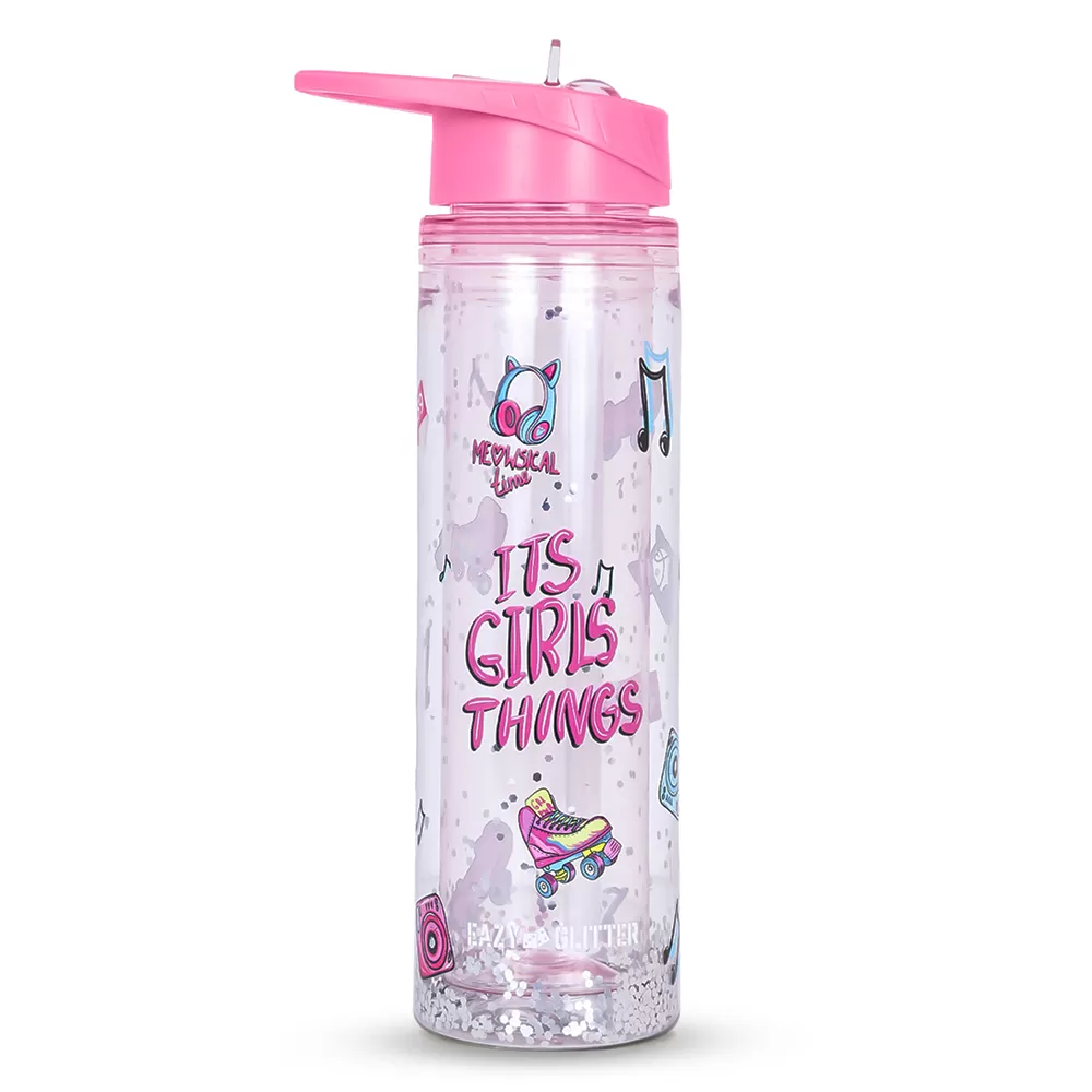 Eazy Kids Tritan Double Wall Glitter 550ml Water Bottle with Carry handle - It&#039;s Girls Things Pink