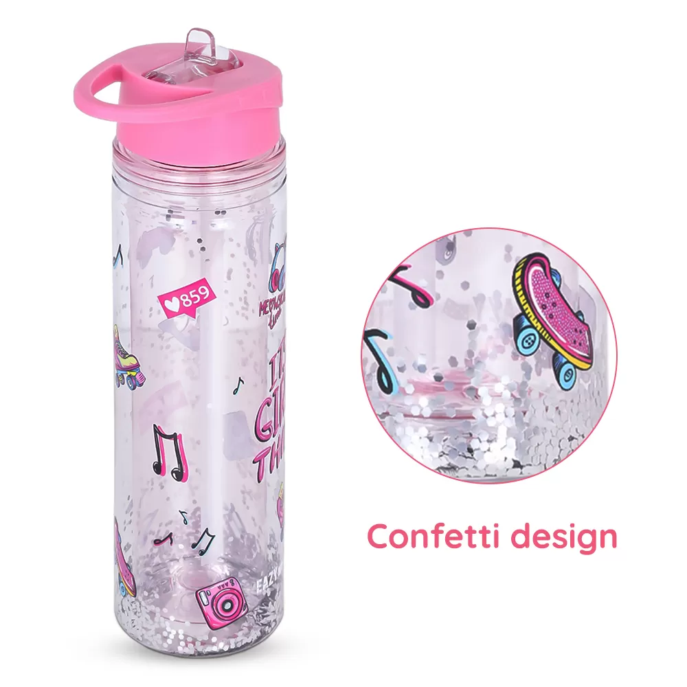 Eazy Kids Tritan Double Wall Glitter 550ml Water Bottle with Carry handle - It&#039;s Girls Things Pink