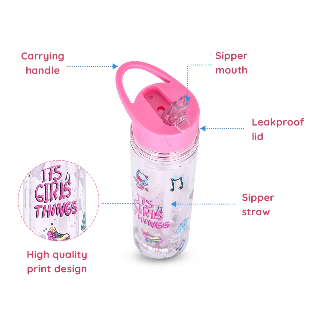 Eazy Kids Tritan Double Wall Glitter 550ml Water Bottle with Carry handle - It&#039;s Girls Things Pink