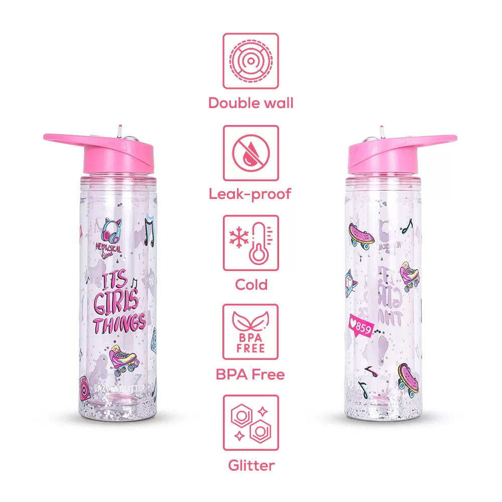 Eazy Kids Tritan Double Wall Glitter 550ml Water Bottle with Carry handle - It&#039;s Girls Things Pink