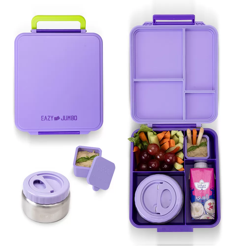 Eazy Kids Jumbo Bento Lunch Box w/ Thermos &amp; Dip Jar- Purple