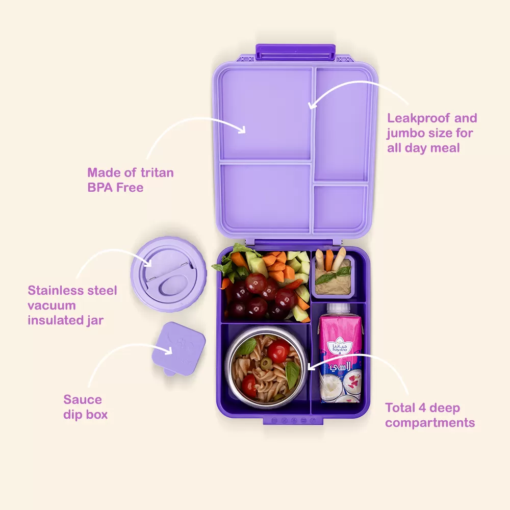 Eazy Kids Jumbo Bento Lunch Box w/ Thermos &amp; Dip Jar- Purple