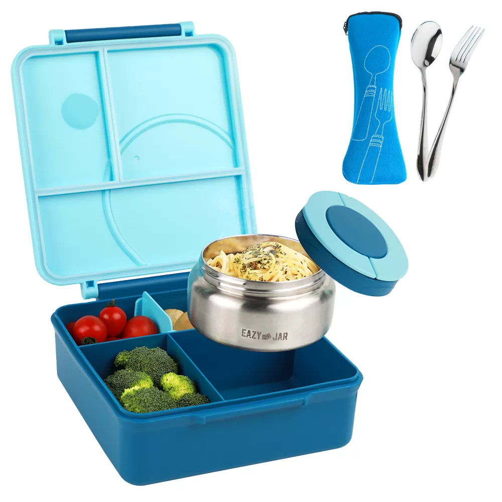 Eazy Kids 3/4 Convertible 1600ml Jumbo Bento Lunch Box with 290ml Leakproof SS Gravy Bowl, Spoon & Fork Set with Pouch - Blue