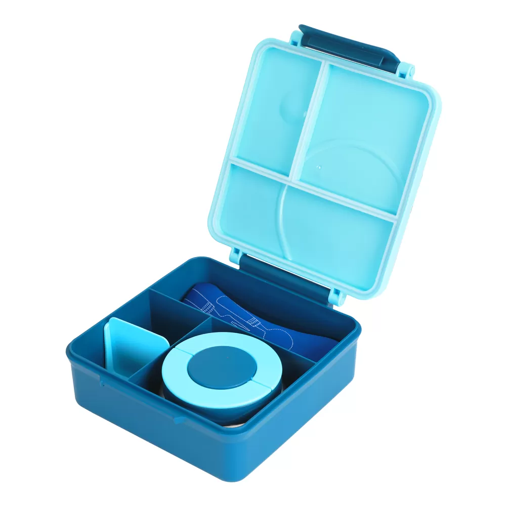 Eazy Kids 3/4 Convertible 1600ml Jumbo Bento Lunch Box with 290ml Leakproof SS Gravy Bowl, Spoon &amp; Fork Set with Pouch - Blue