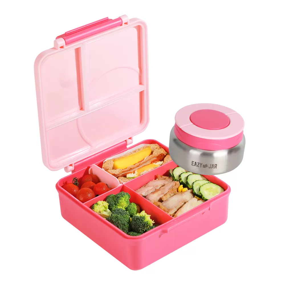 Eazy Kids 3/4 Convertible 1600ml Jumbo Bento Lunch Box with 290ml Leakproof SS Gravy Bowl, Spoon &amp; Fork Set with Pouch - Pink