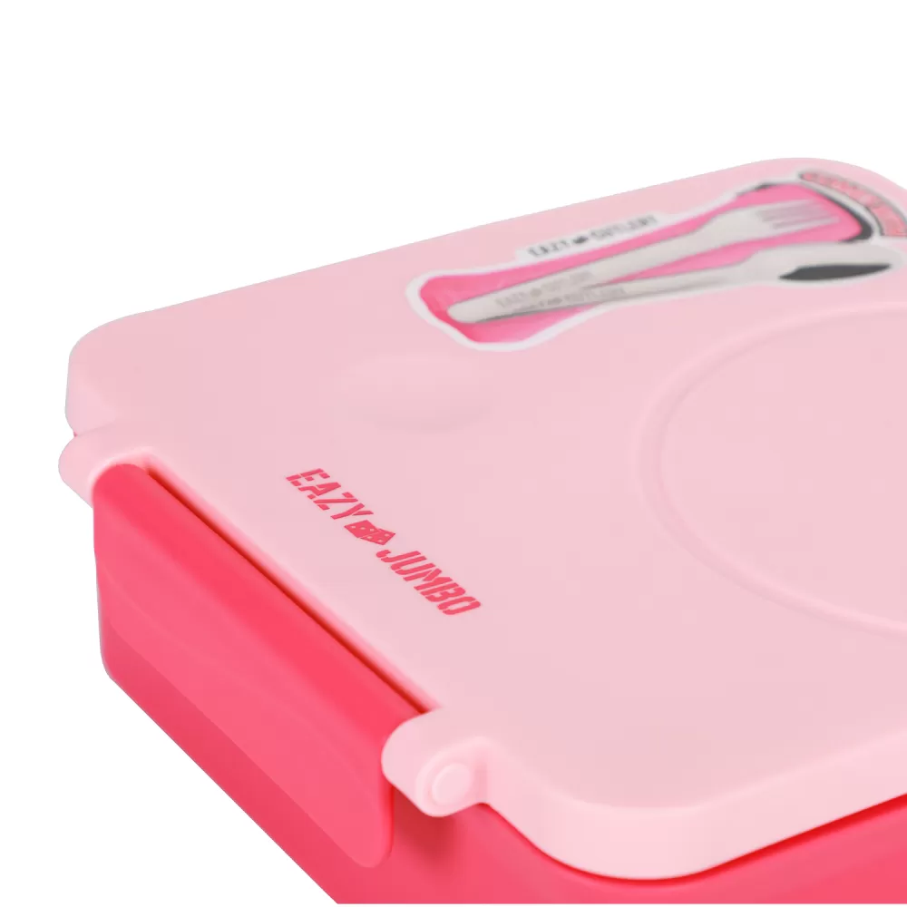 Eazy Kids 3/4 Convertible 1600ml Jumbo Bento Lunch Box with 290ml Leakproof SS Gravy Bowl, Spoon &amp; Fork Set with Pouch - Pink