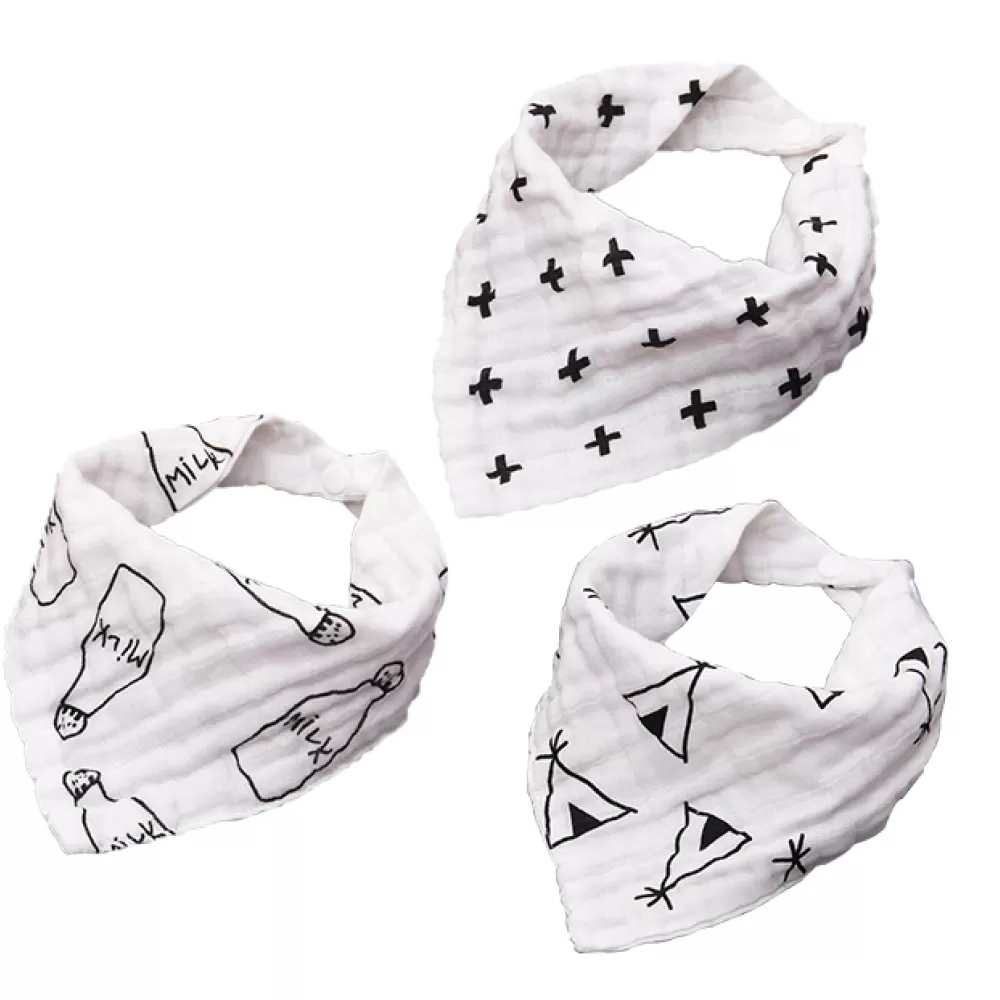 Eazy Kids - Muslin Bandana Bibs - Set of 3- Black & White