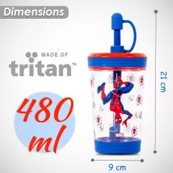 Marvel Beyond Amazing Spider-Man Tritan Sipper Tumbler Water Bottle W/Straw and Leash Lid-Blue(480ml)