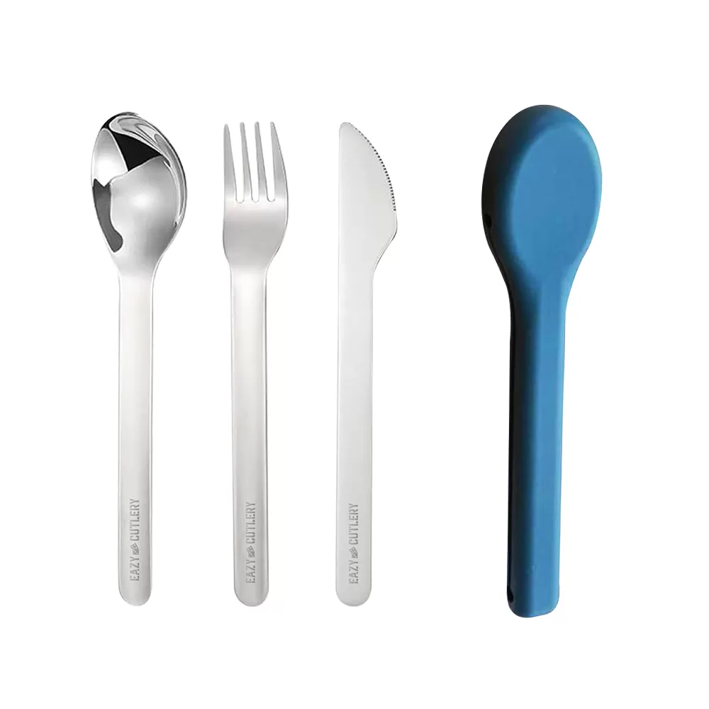 Eazy Kids Portable Travel Cutlery Set - Stainless Steel Spoon, Fork &amp; Knife with Silicone Case ( Blue )