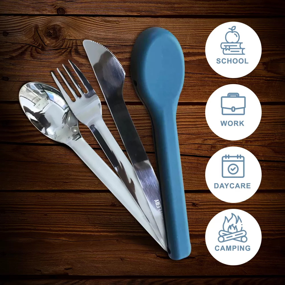 Eazy Kids Portable Travel Cutlery Set - Stainless Steel Spoon, Fork &amp; Knife with Silicone Case ( Blue )