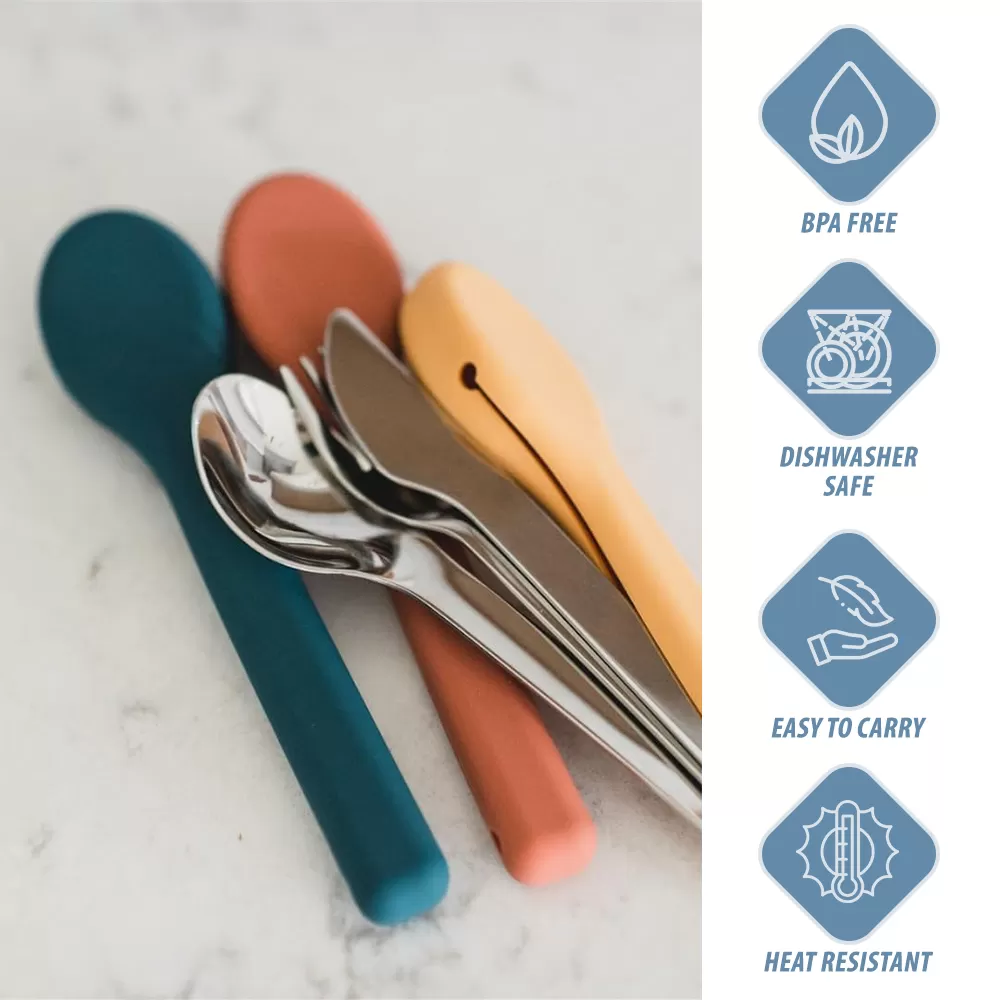 Eazy Kids Portable Travel Cutlery Set - Stainless Steel Spoon, Fork &amp; Knife with Silicone Case ( Blue )