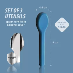 Eazy Kids Portable Travel Cutlery Set - Stainless Steel Spoon, Fork & Knife with Silicone Case ( Blue )