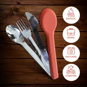 Eazy Kids Portable Travel Cutlery Set - Stainless Steel Spoon, Fork & Knife with Silicone Case ( Pink )