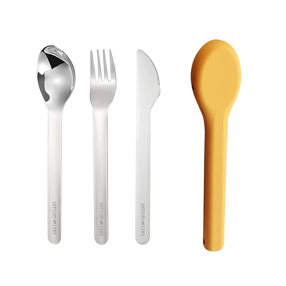 Eazy Kids Portable Travel Cutlery Set - Stainless Steel Spoon, Fork & Knife with Silicone Case ( Yellow )