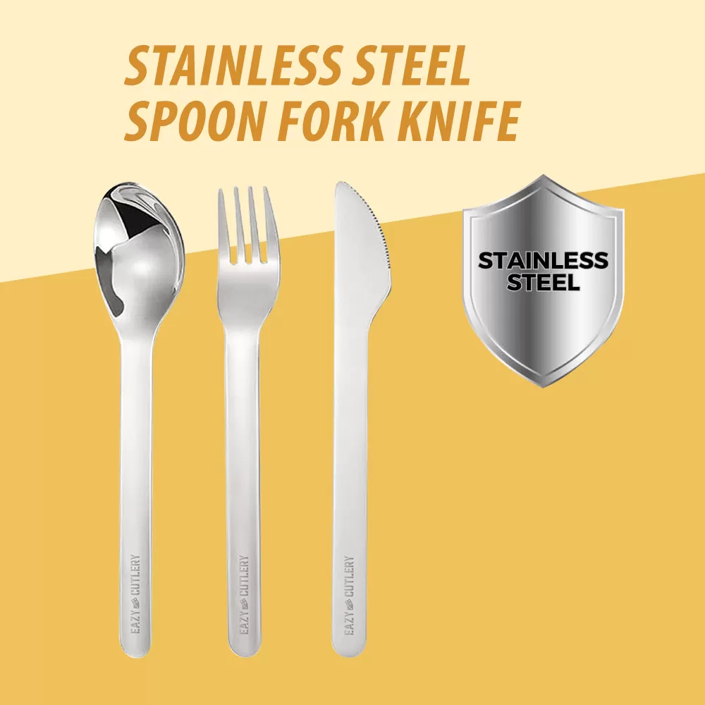 Eazy Kids Portable Travel Cutlery Set - Stainless Steel Spoon, Fork &amp; Knife with Silicone Case ( Yellow )