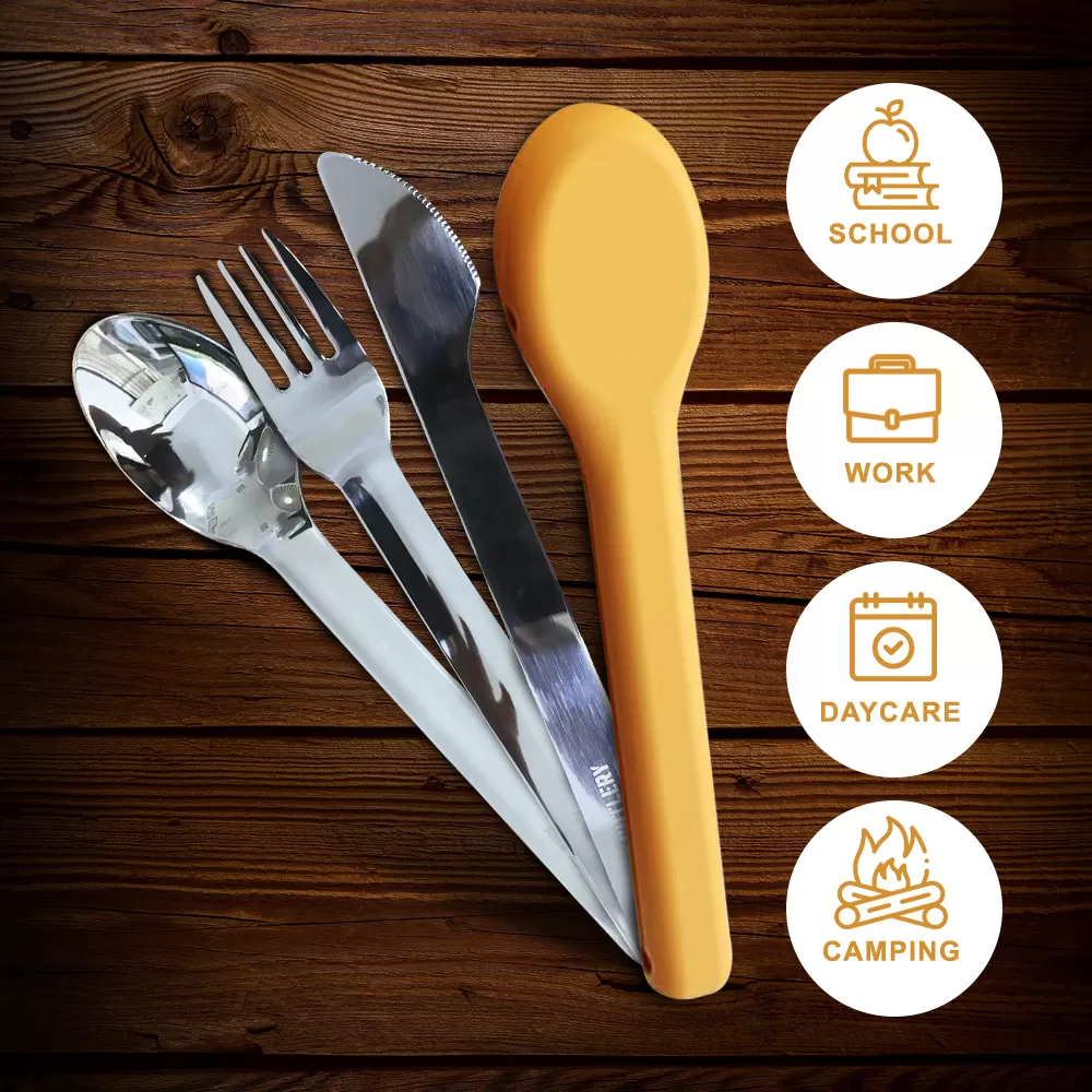 Eazy Kids Portable Travel Cutlery Set - Stainless Steel Spoon, Fork &amp; Knife with Silicone Case ( Yellow )