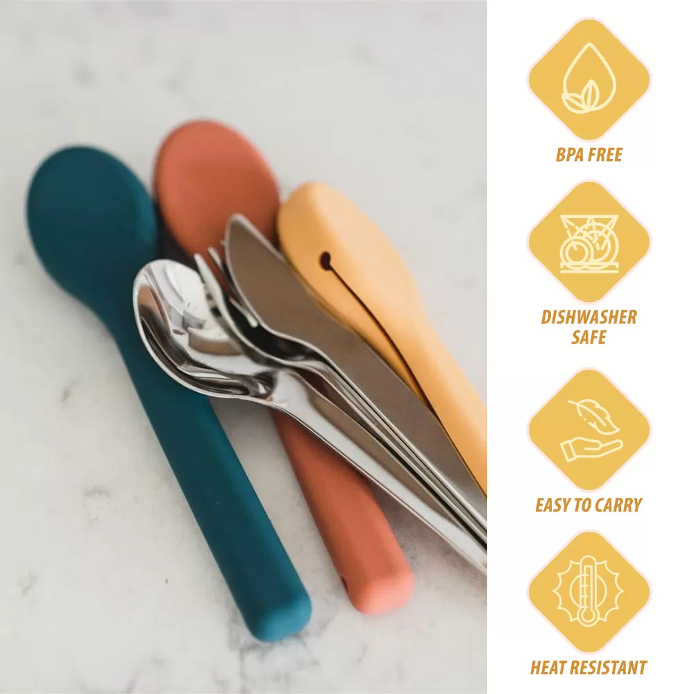 Eazy Kids Portable Travel Cutlery Set - Stainless Steel Spoon, Fork &amp; Knife with Silicone Case ( Yellow )