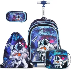 Eazy Kids-Back to School-17" Set of 4 School Bag Lunch Bag Activity Bag & Pencil Case Astronaut-Blue