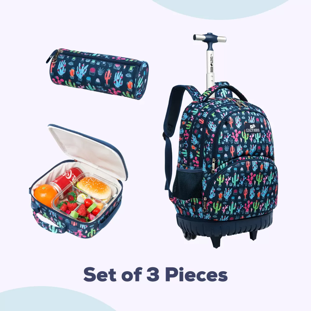 Eazy Kids-18&quot; Set of 3 Trolley School Bag Lunch Bag &amp; Pencil Case Cacti-Blue