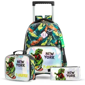 Eazy Kids-16" Set of 3 Trolley School Bag Lunch Bag & Pencil Case New York Dinosaur-Green