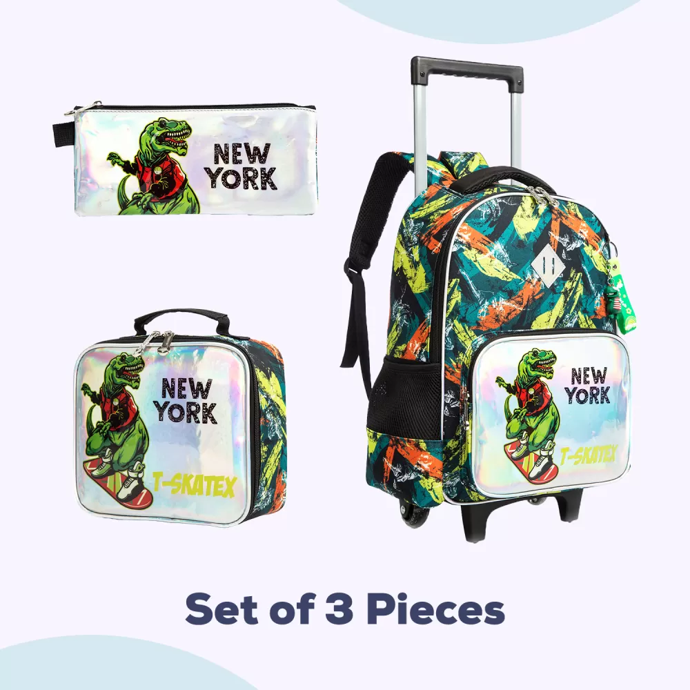 Eazy Kids-16&quot; Set of 3 Trolley School Bag Lunch Bag &amp; Pencil Case New York Dinosaur-Green