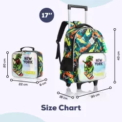 Eazy Kids-16" Set of 3 Trolley School Bag Lunch Bag & Pencil Case New York Dinosaur-Green