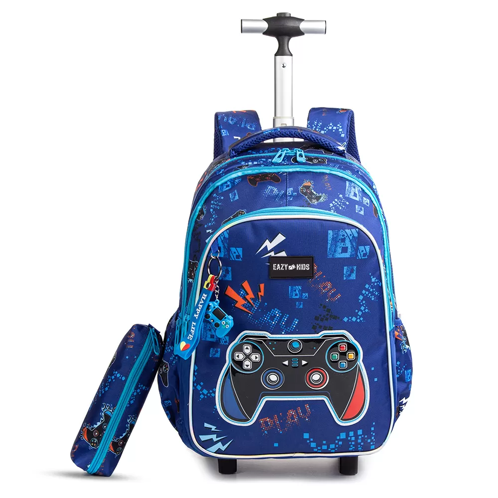 Eazy Kids 18Inch Set of 3 Trolley School Bag with Lunch Bag and Pencil Case Gamer - Blue